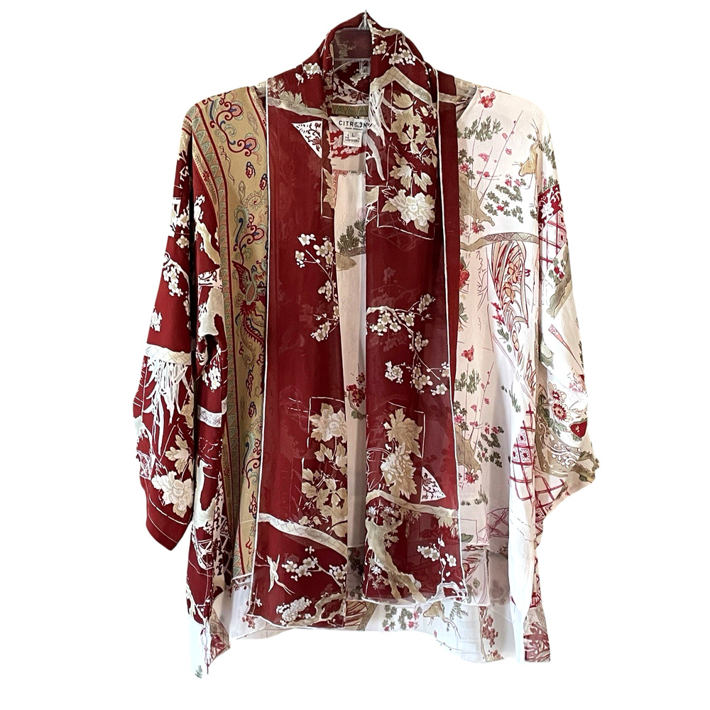 CITRON SANTA MONICA Size Large Red Silk Pullover Long Sleeve Tunic + Scarf NWT